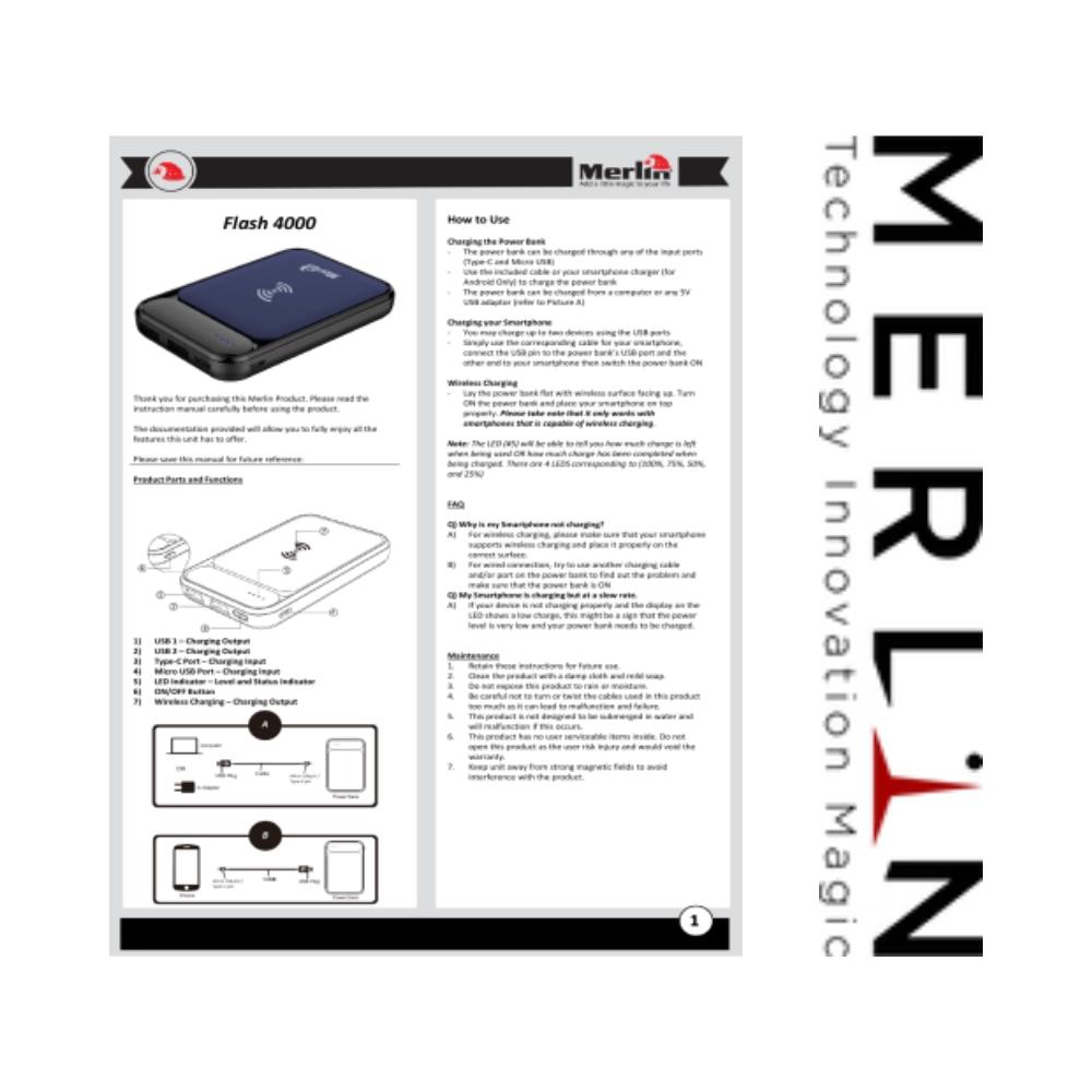 Merlin Flash 4000 Trådlös Powerbank – Portabel 4000mAh