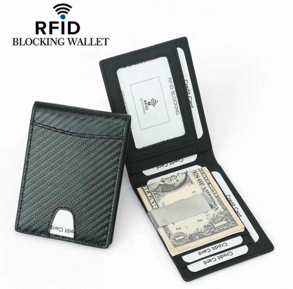 RFID carbon plånbok i äkta läder med pengaklipp