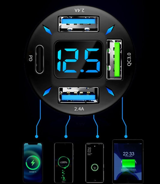 5-i-1 Biladapter med PD, USB-C & QuickCharge - Smart Laddning