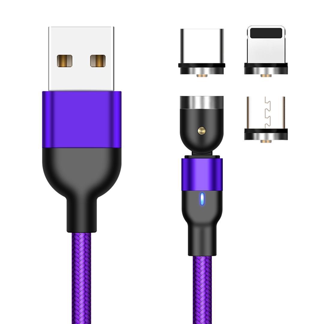 Magnetisk kabel, Lightning + Micro USB + USB-C, 3A